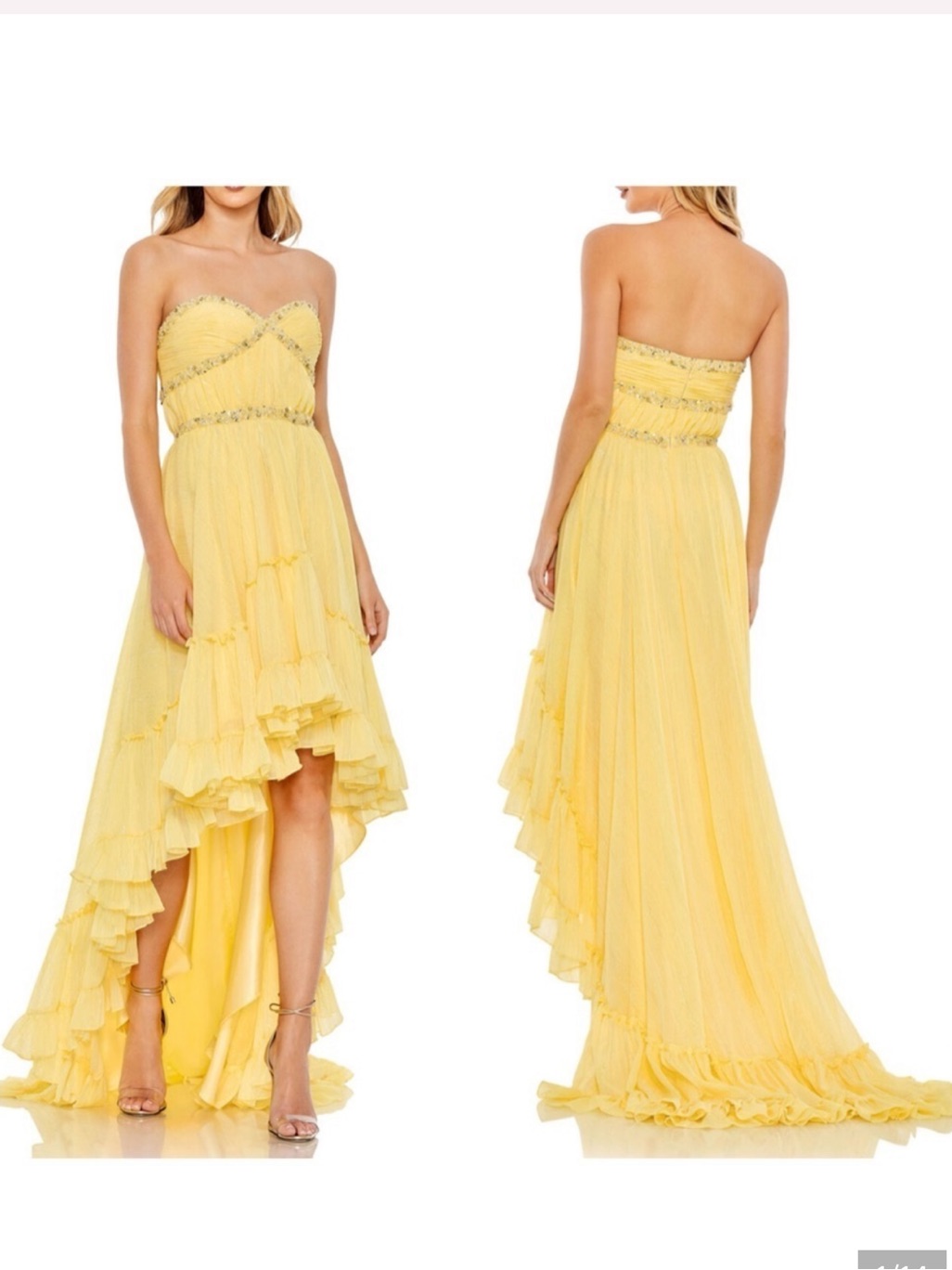Nwt Mac Duggal 68096 Strapless High Low Dress Lemon Yellow Shimmer Chiffon Sz 4